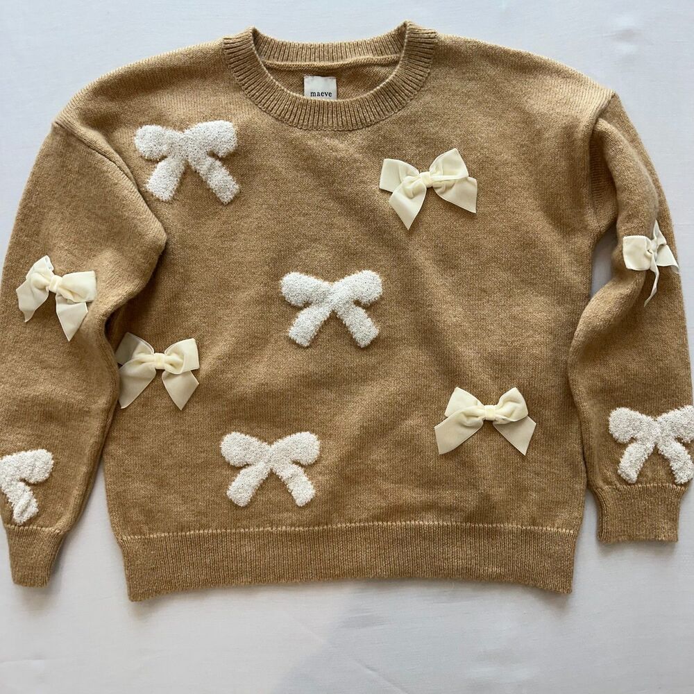 Anthropologie Maeve 3D Bow Sweater Womens XS Honey Camel Brown NEW